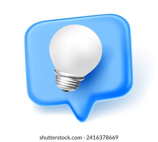 Vector illustration of blue communication speech bubble with light bulb and shadow on white background. 3d style design of speech bubble with electric matte light bulb for web, site, chat, banner