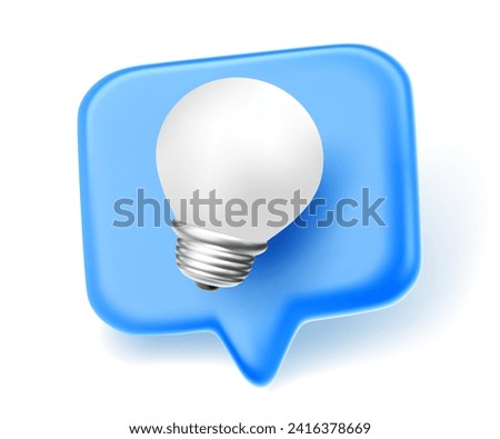 Vector illustration of blue communication speech bubble with light bulb and shadow on white background. 3d style design of speech bubble with electric matte light bulb for web, site, chat, banner