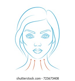 Vector illustration: blue contour hand drawn european female face  icons with Face Massage  isolated on white background