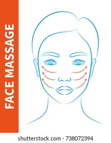 Vector illustration: blue contour hand drawn asian female face icon with Face Massage  isolated on white background