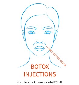 Vector illustration: blue contour hand drawn asian female face plastic surgery icon with inscription Botox injections isolated on white background
