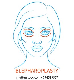 Vector illustration: blue contour hand drawn afro female face plastic surgery icon Blepharoplasty isolated on white background

