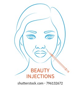 Vector illustration: blue contour hand drawn afro female face plastic surgery icon Beauty injections isolated on white background
