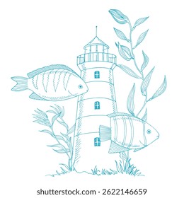 Vector illustration of blue contouring lighthouse, seaweeds and fishes. Vector graphic style in ink. Marine theme for posters, aquariums, prints, cards, fabric, decoration of restaurants.