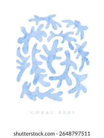 Ilustração Vetorial De Corais Azuis Em Um Plano De Fundo Branco. Recife de Coral. Mão Desenhada Simples Arte De Parede Náutica. Impressão Moderna Criativa Com Elementos De Recife. Gráfico Moderno Tropical Com Corais Índigo. 