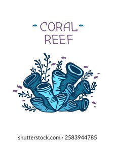 Vector illustration with blue corals and silhouette of fishes. Isolated coral reef.