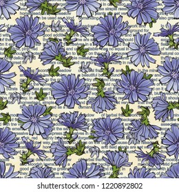 Vector illustration of blue cornflowers on text background seamless pattern in sketch style - backdrop with blue wild flowers and green leaves on top of words. Beautiful floral texture with centaurea.