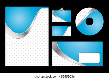 Vector illustration of blue corporate identity. Letterhead, business card, compact disc and postcard with abstract blue background.