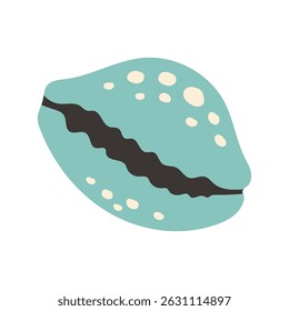 Vector illustration of a blue cowrie seashell with white spots and a dark center line. It has a soft and playful look, perfect for beach or summer designs