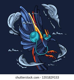 Vector Illustration. The Blue Crow Flying with Smoke in Dark Background