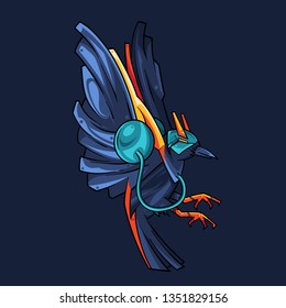 Vector Illustration. The Blue Crow Flying in Dark Background