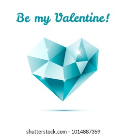 Vector illustration of a blue crystal heart with reflections isolated on white background. Be my valentine. Great for logo, invitation, card, product packaging, header, poster, label, banners.