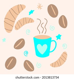 A vector illustration with blue cup. A mug with coffee. A illustration for cafeteria. A coffee beans