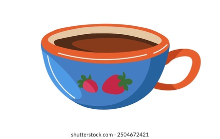 Vector illustration of a blue cup with a strawberry design, filled with a hot drink, isolated on a white background. Ideal for cozy-themed designs, kitchen decor, or beverage projects.