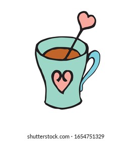 vector illustration blue cup of tea coffee with a heart spoon.drink to your beloved. logo for a cafe,a drink,hot tea.a sticker on the machine for making such cappuccino.a drop of flavored espresso 