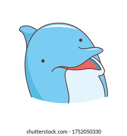 Vector illustration of a blue cute smiling dolphin’s face. Isolated on white background. Cute ocean animal