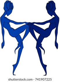 Vector Illustration - blue dancing girls. zodiac - gemini Two woman silhouette. Astrology, mirror