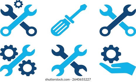 Vector illustration of blue and dark blue tools with gears for repair and service