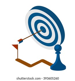 Vector illustration of blue dart hitting in the center of the target dartboard. strategy concept. Isometric vector illustration.