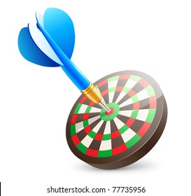 Vector illustration of blue dart hitting in the center of  the target dartboard