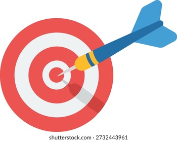 Ilustración vectorial de un dardo azul que golpea el centro exacto de un blanco y rojo (diana). Este icono de diseño plano minimalista simboliza el objetivo perfecto, la estrategia exitosa, el logro de objetivos comerciales, el marketing de precisión y el logro de los objetivos principales. Aislado en un fondo blanco limpio.