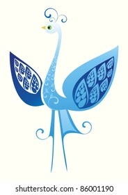 Vector illustration with blue decorative bird with floral graphic ornament. Design element  for invitation or greeting card.