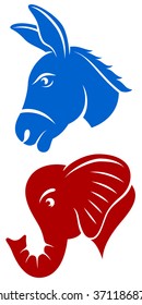 Vector illustration of a blue Democratic donkey and red Republican elephant.