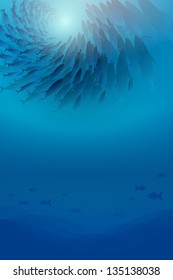 vector illustration in blue depicting school of fish on the seabed