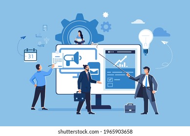 Vector illustration, blue design. Creative teamwork. People are building a business project on the Internet website, work. The monitor screen is a construction site. Collective performance of tasks