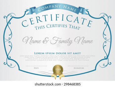 Vector illustration of blue detailed certificate.