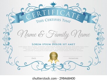 Vector illustration of blue detailed certificate.