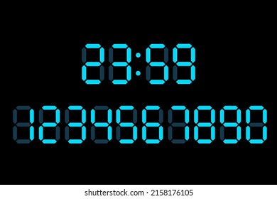 Vector illustration of blue digital numbers for digital clock LCD electronic display isolated on black background.  Luminous digital numbers for timer, alarm, digital clock, calculator, screen concept