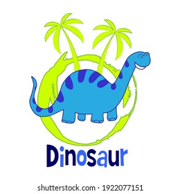 Vector illustration with blue dinosaur on green palms.