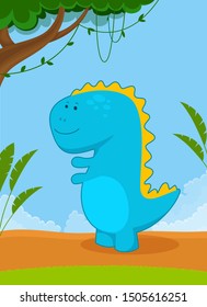 Vector illustration of blue dinosaur, tyrannosaurus. Jungle landscape