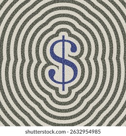 Ilustração vetorial de um ícone de dólar azul centralizado em ondas de ondulação concêntricas em preto e branco com um plano de fundo texturizado.