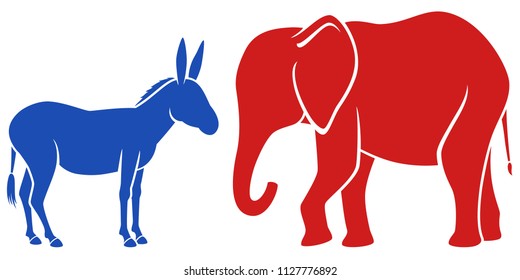 Vector illustration of a blue donkey and a red elephant, representing the Democratic and Republican political parties in the United States.