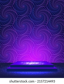Vektorgrafik-blaue Punkte, spiralförmiger Hintergrund mit glänzendem, glänzendem Bühnenbild für Design
