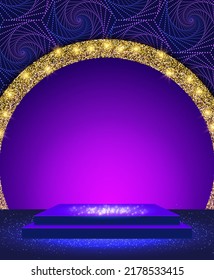 Ilustración vectorial fondo de espiral azul con estadio brillante y arco dorado para diseño