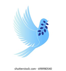 Vector Illustration with Blue Dove and Branch. Isolated Stylized Drawing for Card, Icon and Logo.