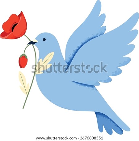 vector illustration of a blue dove of peace holding a red poppy flower as a symbol of remembrance for Veterans Day.
