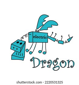 Ilustración vectorial. Dragón azul con un estilo geométrico aislado sobre fondo blanco, inscripciones "eléctricas" y "Dragón"
