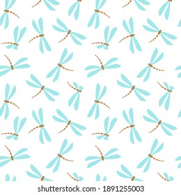 Vector illustration. Blue dragonfly on a white background. A repeating pattern. For fabric, wallpaper, notebooks, diaries, brochures, backgrounds, covers, banners, textiles. Scalable to any size.