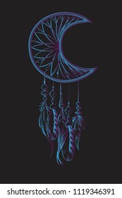 Vector illustration with blue dream catcher on a black background. Ornate ethnic items, feathers, beads