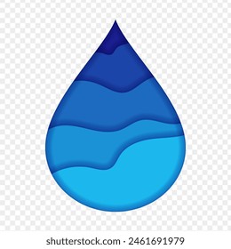 Vector illustration of blue drop in paper cut effect on transparent background