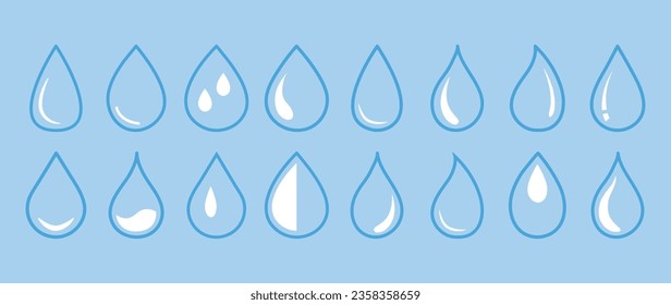 Vector illustration. Blue drop of water. Water drop flat icon. A collection of sixteen figures. Suitable for logos, badges, textile design and more.