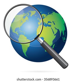 Vector illustration of blue earth with green continents world map and magnifying glass isolated on white