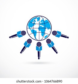 Vector illustration of blue Earth surrounded with microphones audio equipment. Global broadcasting.