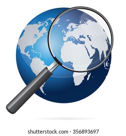Vector illustration of blue earth with white continents world map and magnifying glass isolated on white