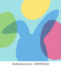 Vector illustration of a blue Easter bunny silhouette with overlapping colorful eggs on a pastel background, creating a modern festive design.