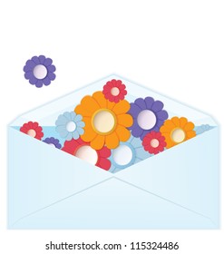 Vector illustration of blue envelope filed with realistic paper crafted flowers